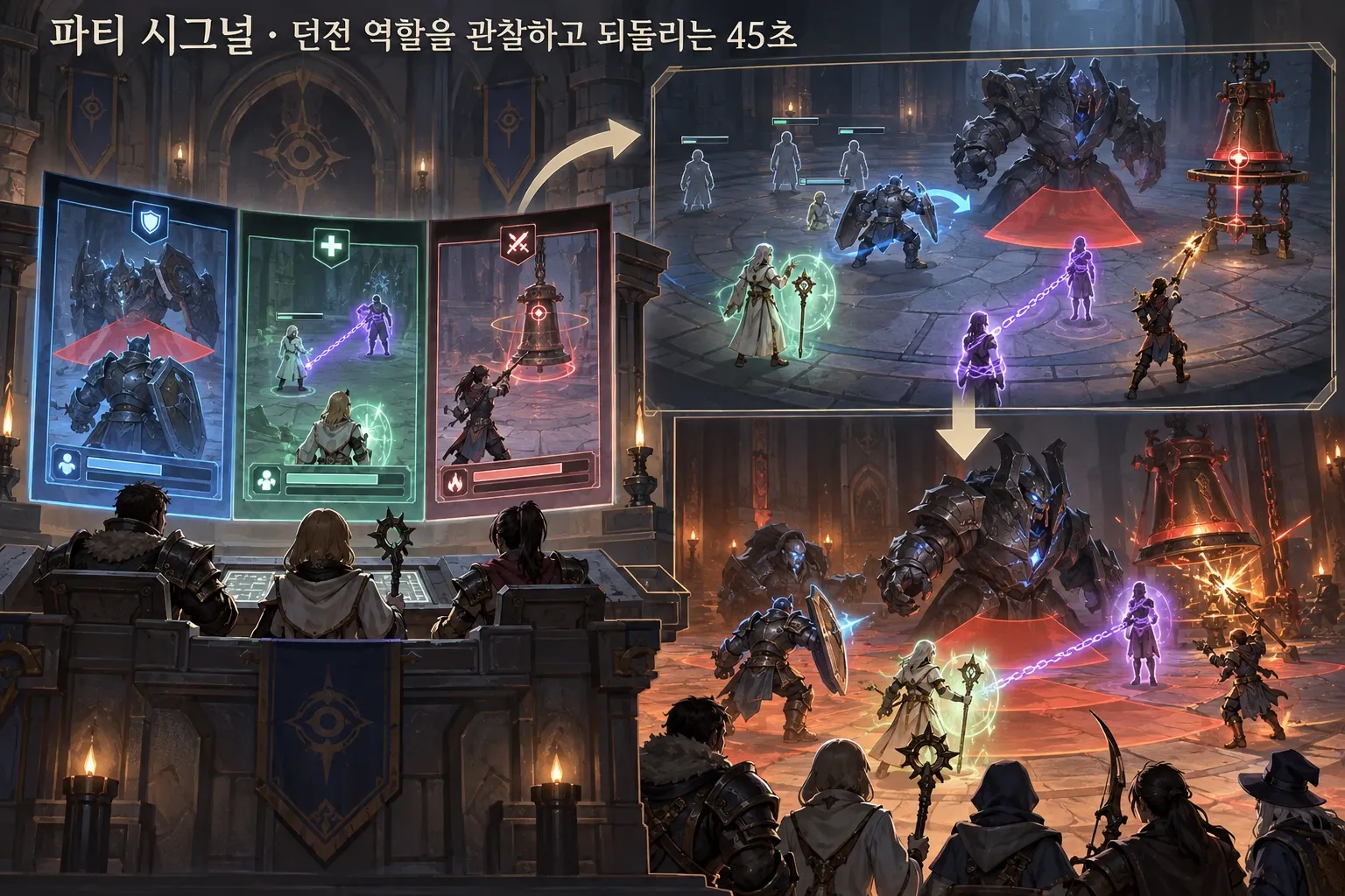 파티 시그널 — 던전 역할을 관찰하고 되돌리는 45초: 본문 규칙에 따른 전용 기획 도해