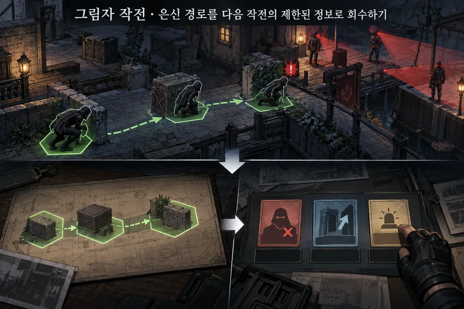 그림자 작전 — 은신 경로를 다음 작전의 제한된 정보로 회수하기: 본문 규칙에 따른 전용 기획 도해
