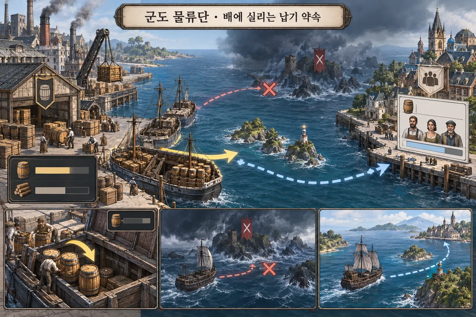 군도 물류단 — 배에 실리는 납기 약속: 본문 규칙에 따른 전용 기획 도해