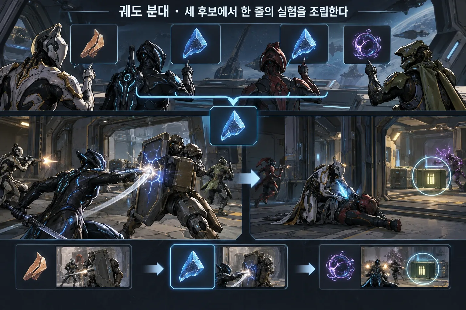 궤도 분대 — 세 후보에서 한 줄의 실험을 조립한다: 본문 규칙에 따른 전용 기획 도해