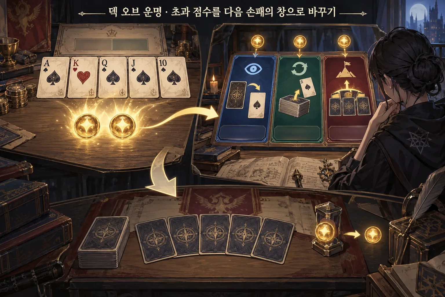 덱 오브 운명 — 초과 점수를 다음 손패의 창으로 바꾸기: 본문 규칙에 따른 전용 기획 도해