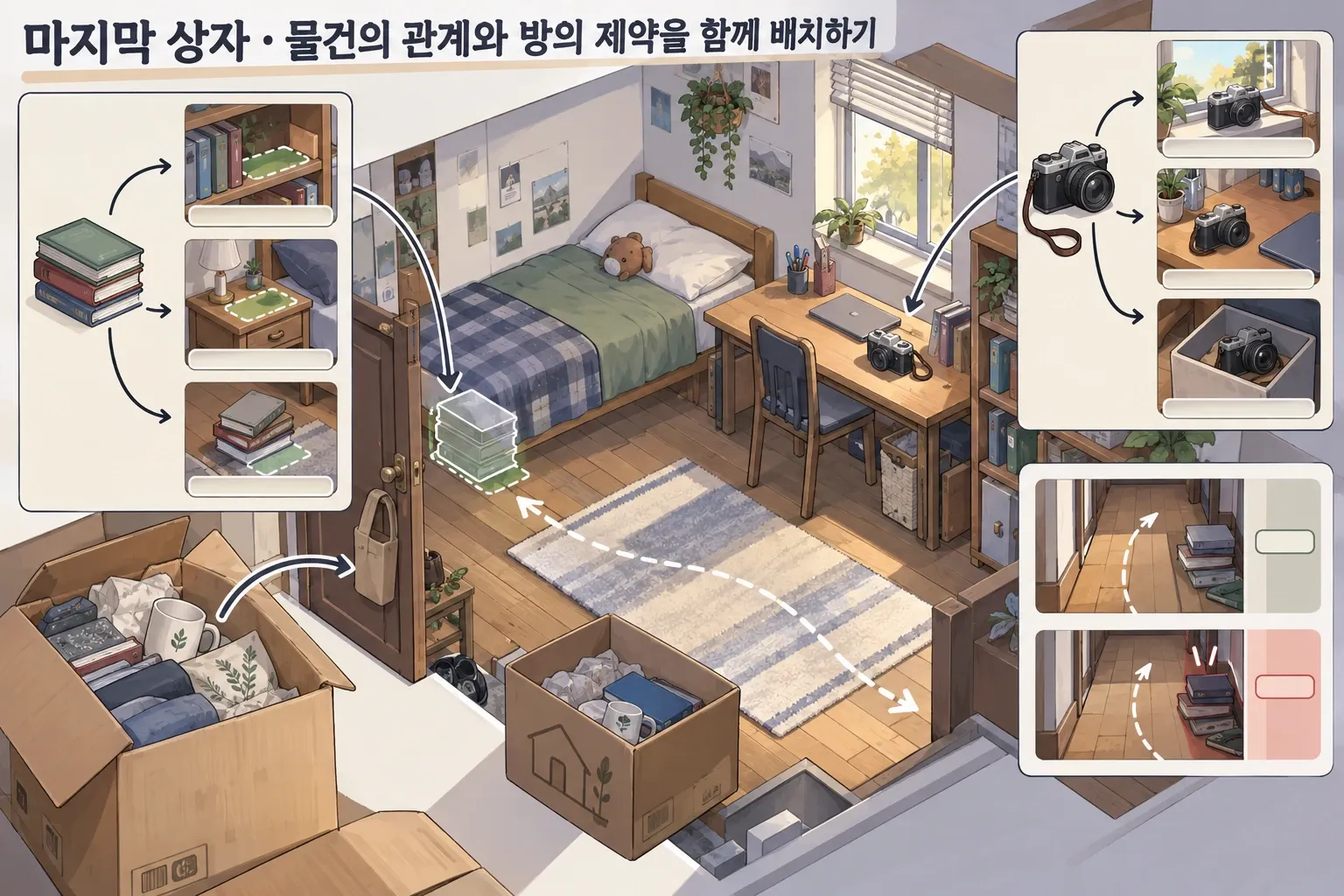 마지막 상자 — 물건의 관계와 방의 제약을 함께 배치하기: 본문 규칙에 따른 전용 기획 도해