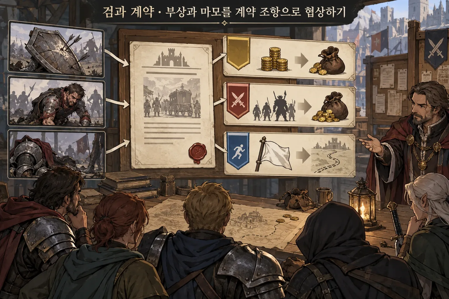 검과 계약 — 부상과 마모를 계약 조항으로 협상하기: 본문 규칙에 따른 전용 기획 도해