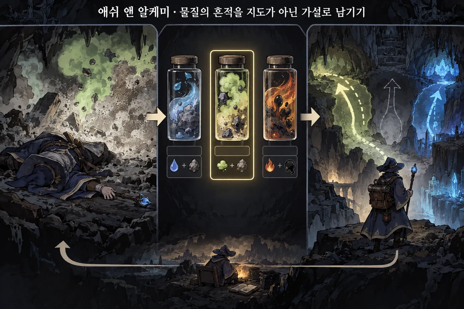 애쉬 앤 알케미 — 물질의 흔적을 지도가 아닌 가설로 남기기: 본문 규칙에 따른 전용 기획 도해