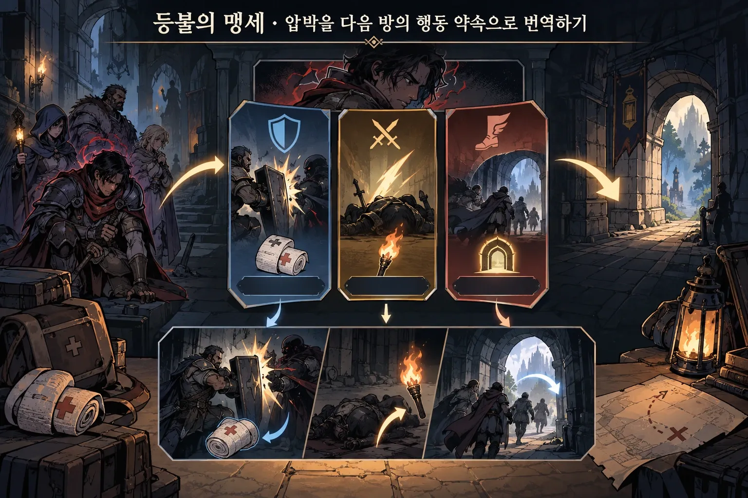 등불의 맹세 — 압박을 다음 방의 행동 약속으로 번역하기: 본문 규칙에 따른 전용 기획 도해