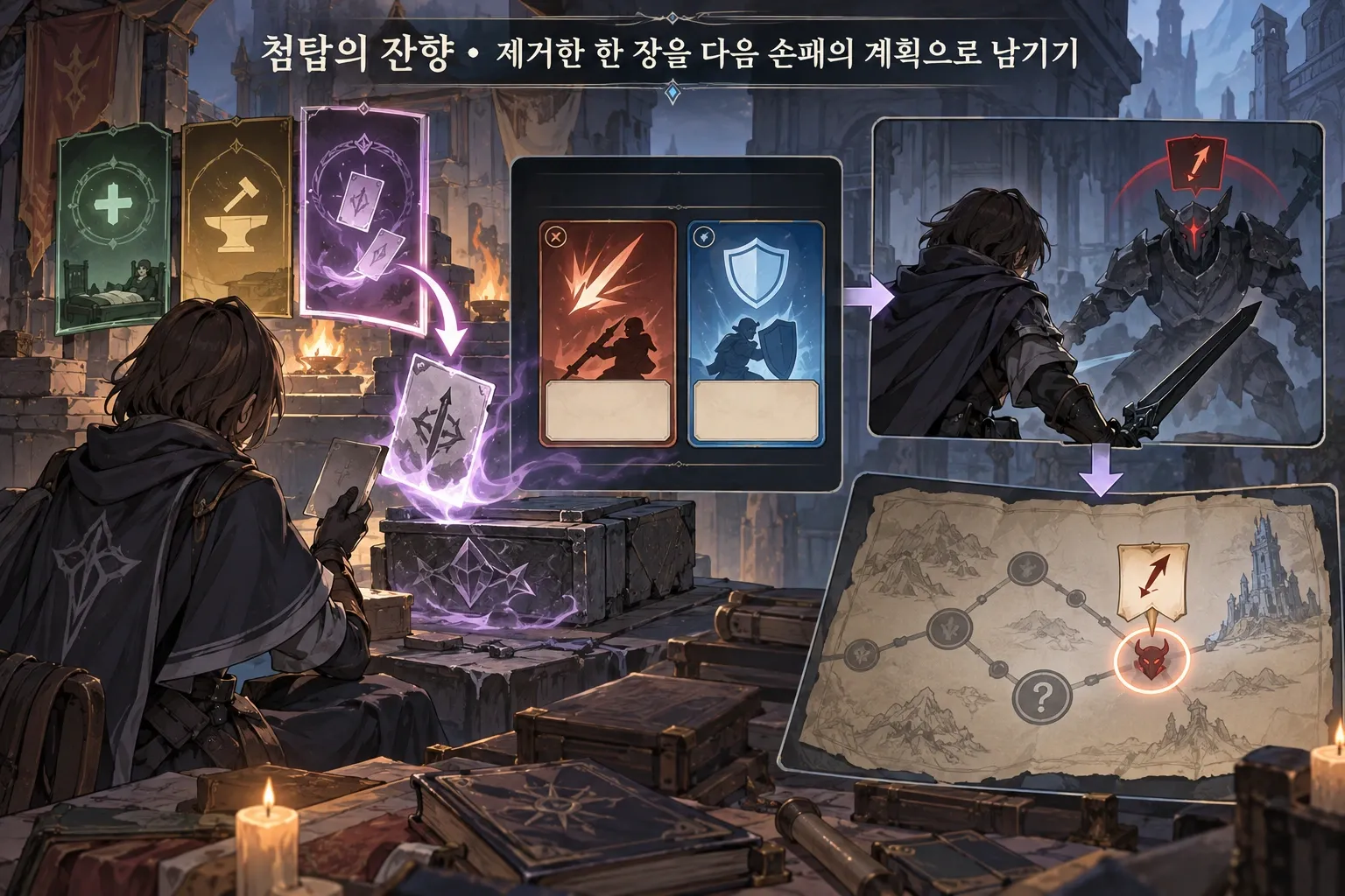 첨탑의 잔향 — 제거한 한 장을 다음 손패의 계획으로 남기기: 본문 규칙에 따른 전용 기획 도해
