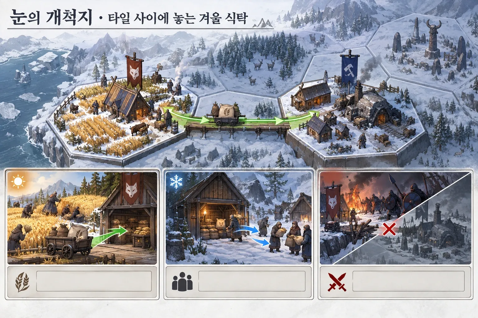 눈의 개척지 — 타일 사이에 놓는 겨울 식탁: 본문 규칙에 따른 전용 기획 도해