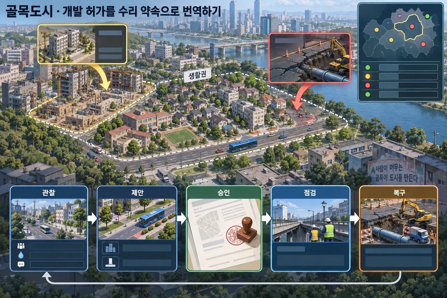 골목도시 — 개발 허가를 수리 약속으로 번역하기: 본문 규칙에 따른 전용 기획 도해