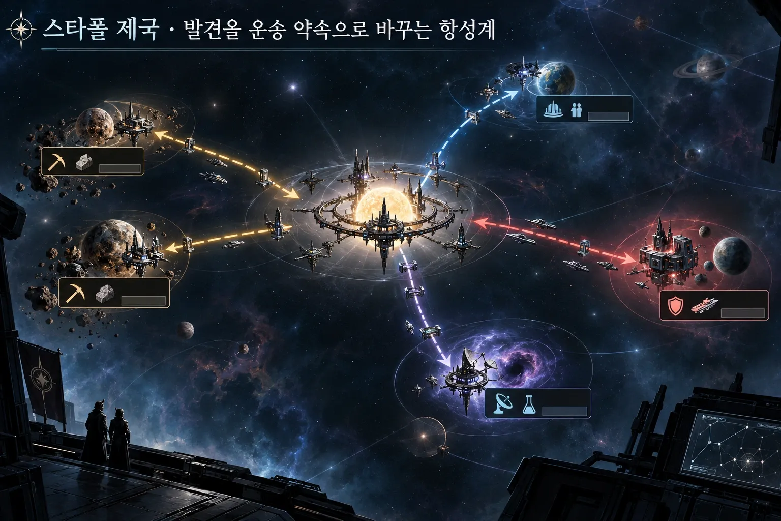 스타폴 제국 — 발견을 운송 약속으로 바꾸는 항성계: 본문 규칙에 따른 전용 기획 도해
