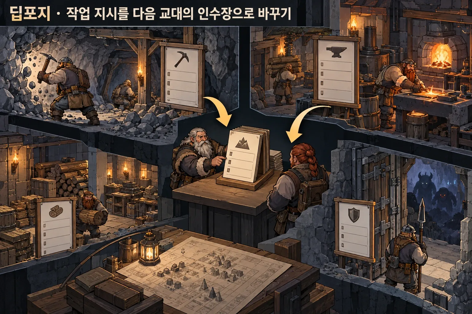 딥포지 — 작업 지시를 다음 교대의 인수장으로 바꾸기: 본문 규칙에 따른 전용 기획 도해