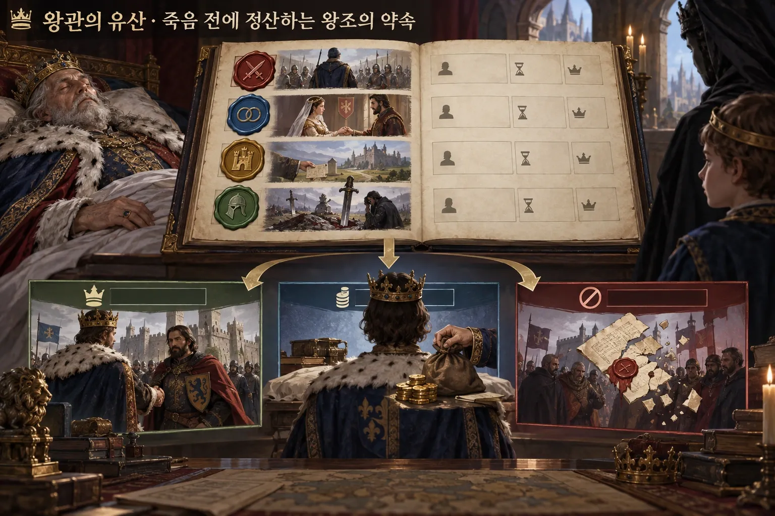 왕관의 유산 — 죽음 전에 정산하는 왕조의 약속: 본문 규칙에 따른 전용 기획 도해