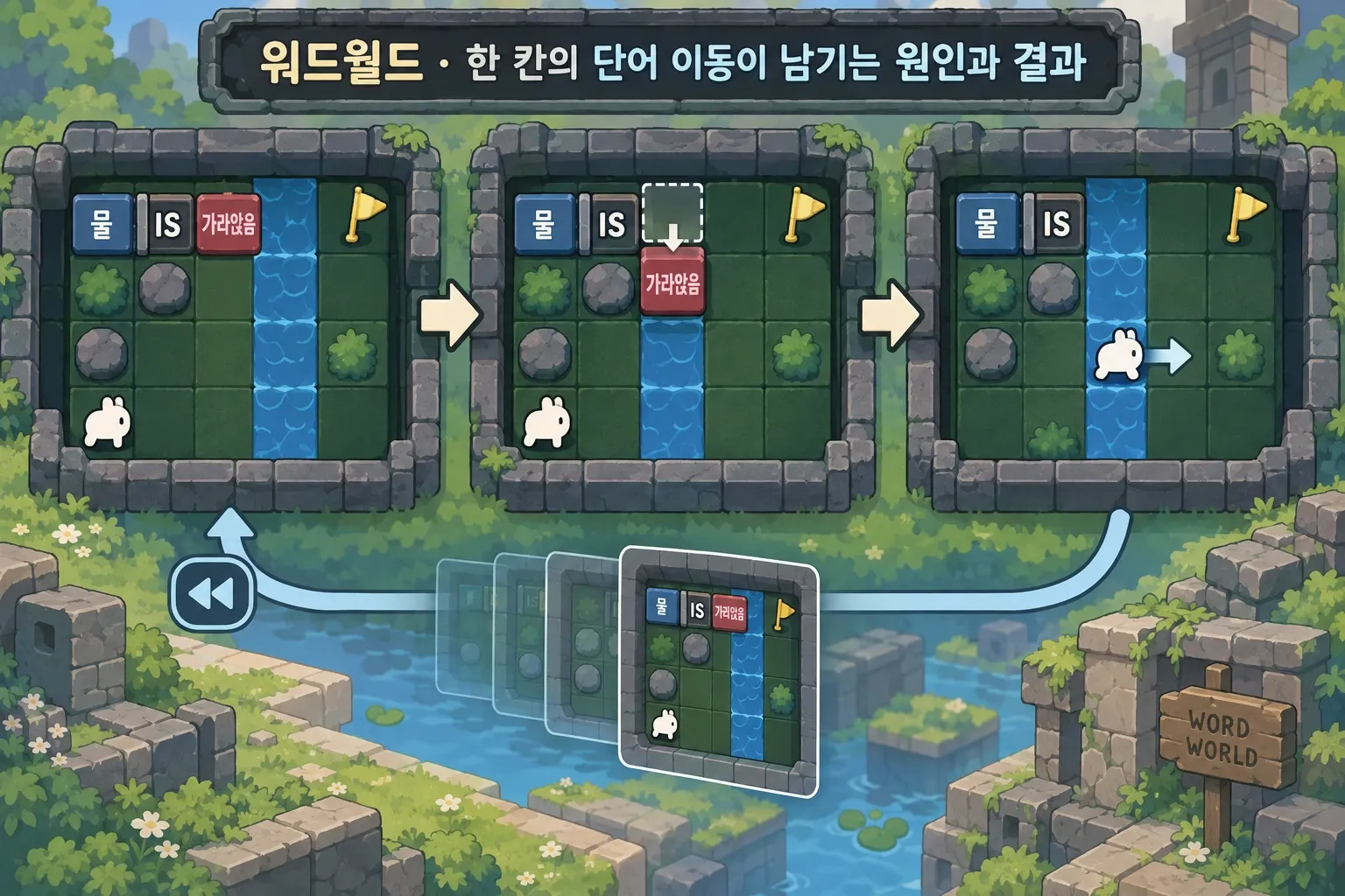 워드월드 — 한 칸의 단어 이동이 남기는 원인과 결과: 본문 규칙에 따른 전용 기획 도해