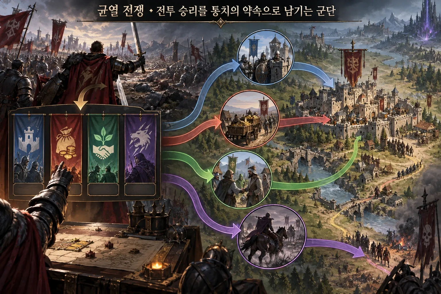 균열 전쟁 — 전투 승리를 통치의 약속으로 남기는 군단: 본문 규칙에 따른 전용 기획 도해