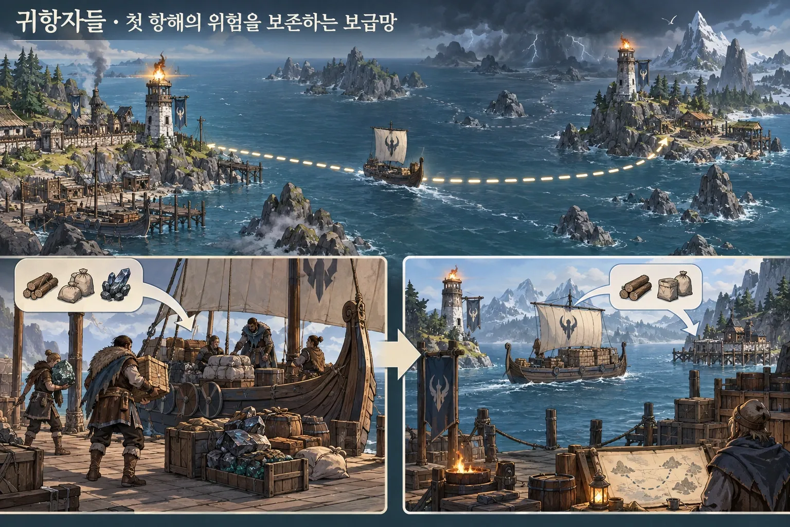 귀항자들 — 첫 항해의 위험을 보존하는 보급망: 본문 규칙에 따른 전용 기획 도해
