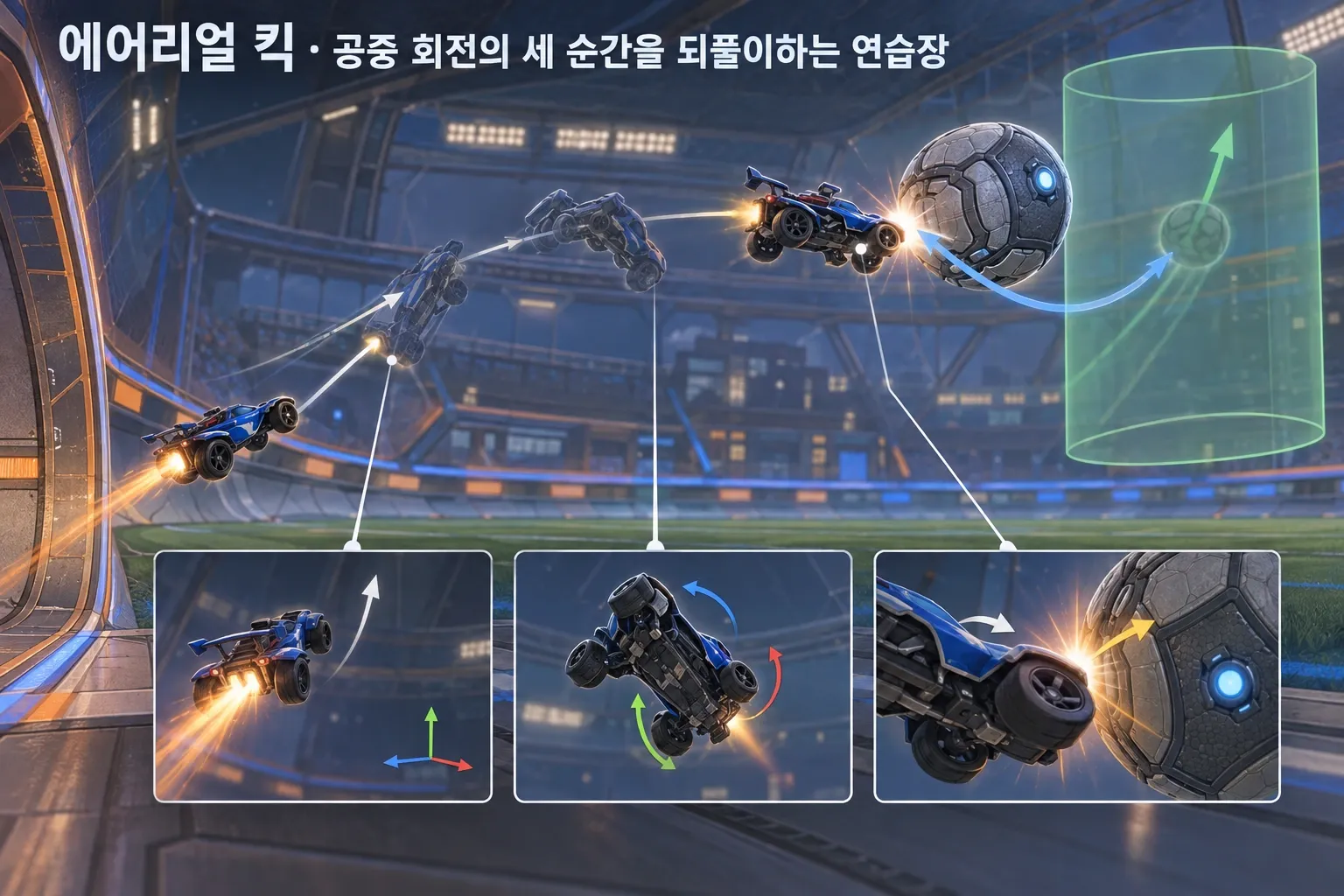 에어리얼 킥 — 공중 회전의 세 순간을 되풀이하는 연습장: 본문 규칙에 따른 전용 기획 도해