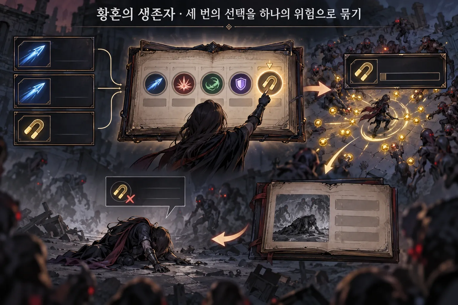 황혼의 생존자 — 세 번의 선택을 하나의 위험으로 묶기: 본문 규칙에 따른 전용 기획 도해