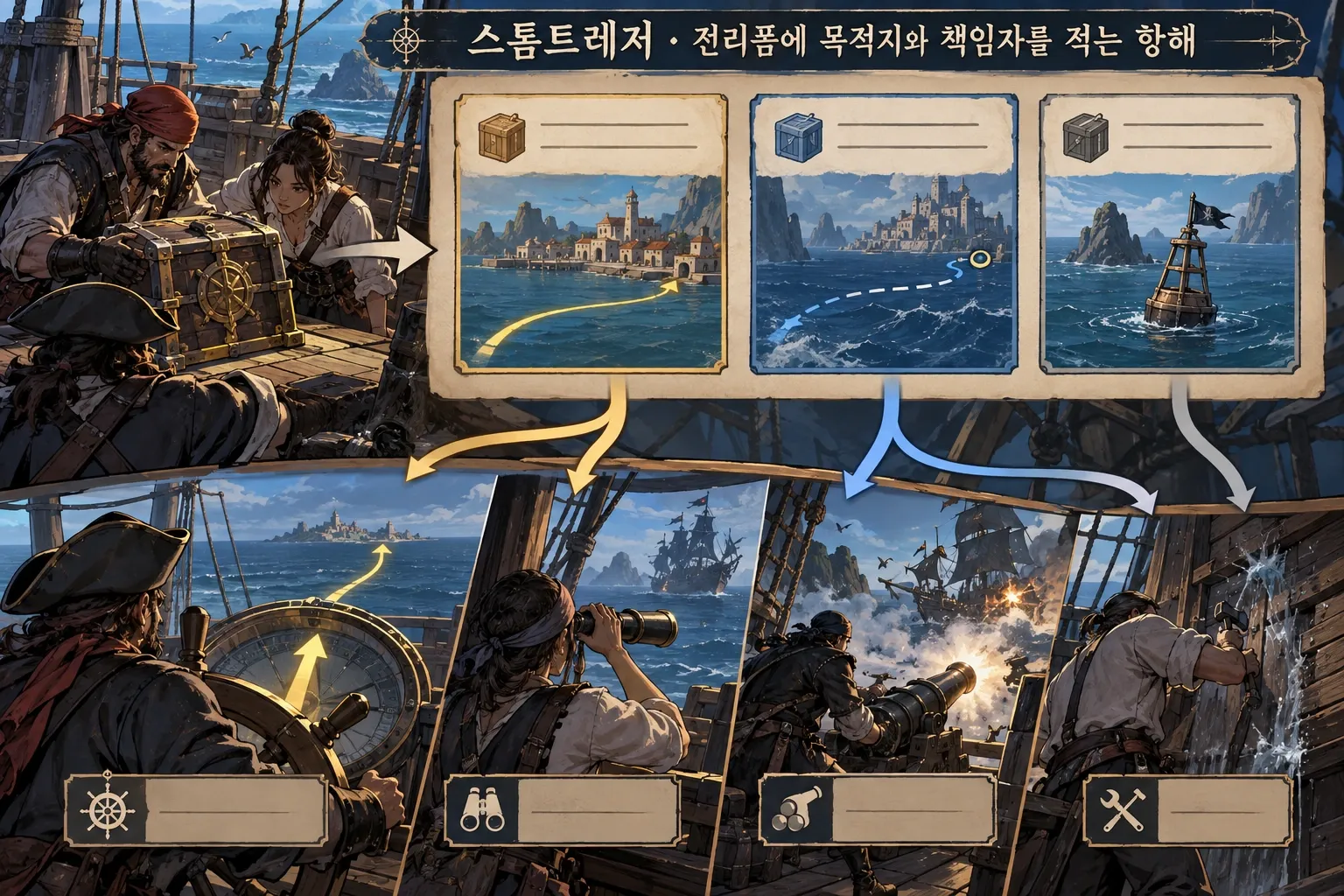 스톰트레저 — 전리품에 목적지와 책임자를 적는 항해: 본문 규칙에 따른 전용 기획 도해