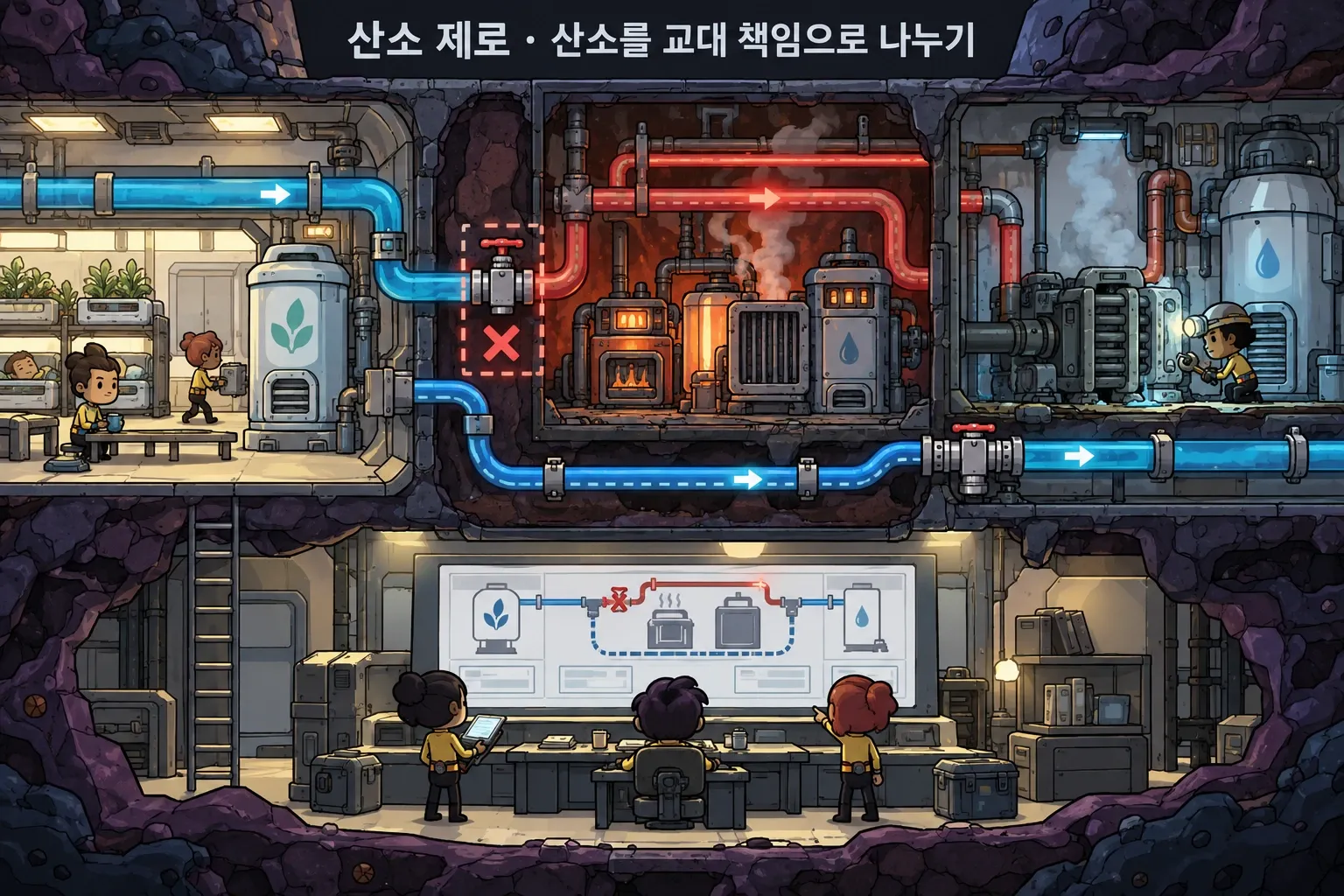 산소 제로 — 산소를 교대 책임으로 나누기: 본문 규칙에 따른 전용 기획 도해