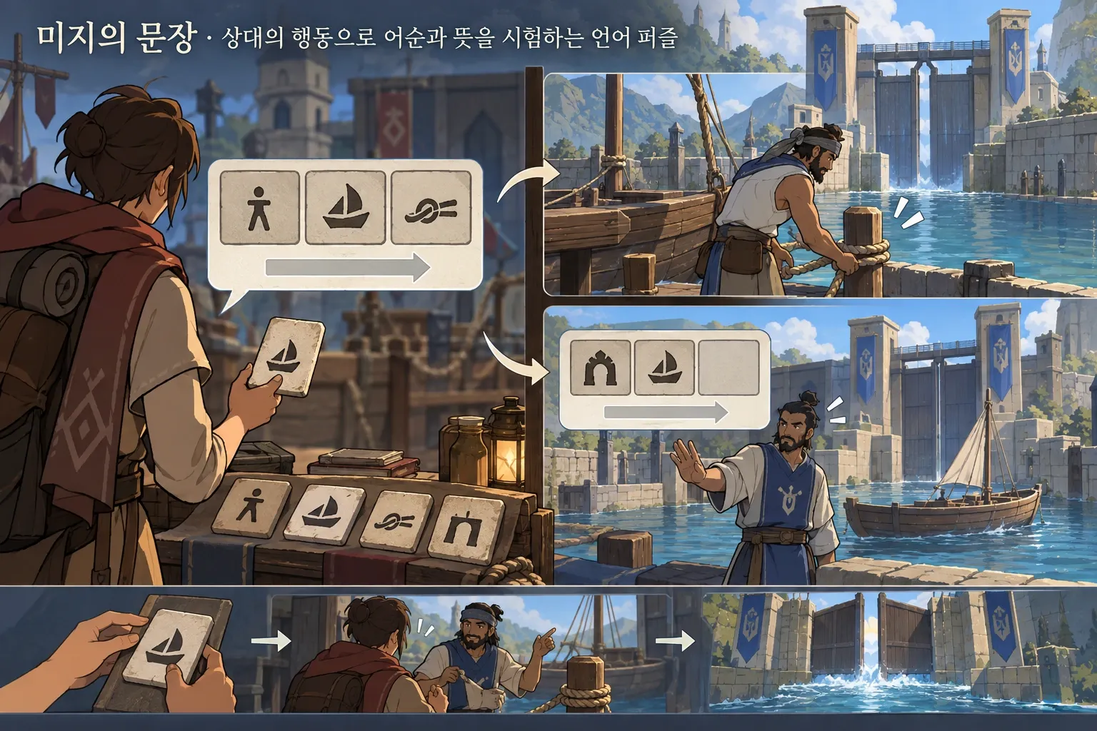미지의 문장 — 상대의 행동으로 어순과 뜻을 시험하는 언어 퍼즐: 본문 규칙에 따른 전용 기획 도해