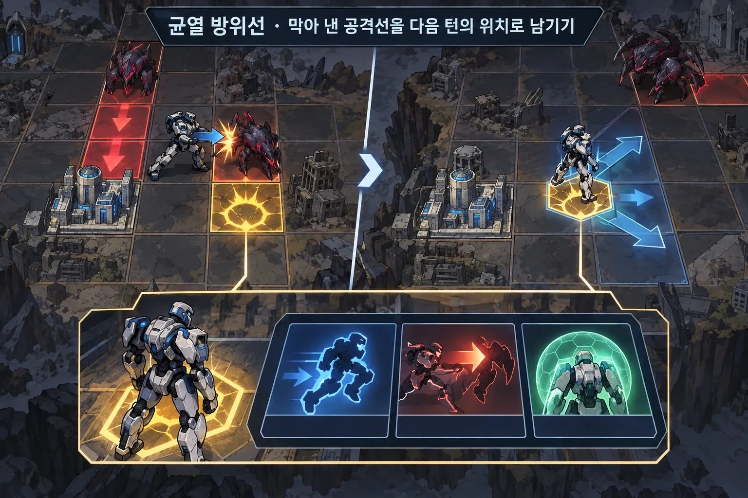 균열 방위선 — 막아 낸 공격선을 다음 턴의 위치로 남기기: 본문 규칙에 따른 전용 기획 도해
