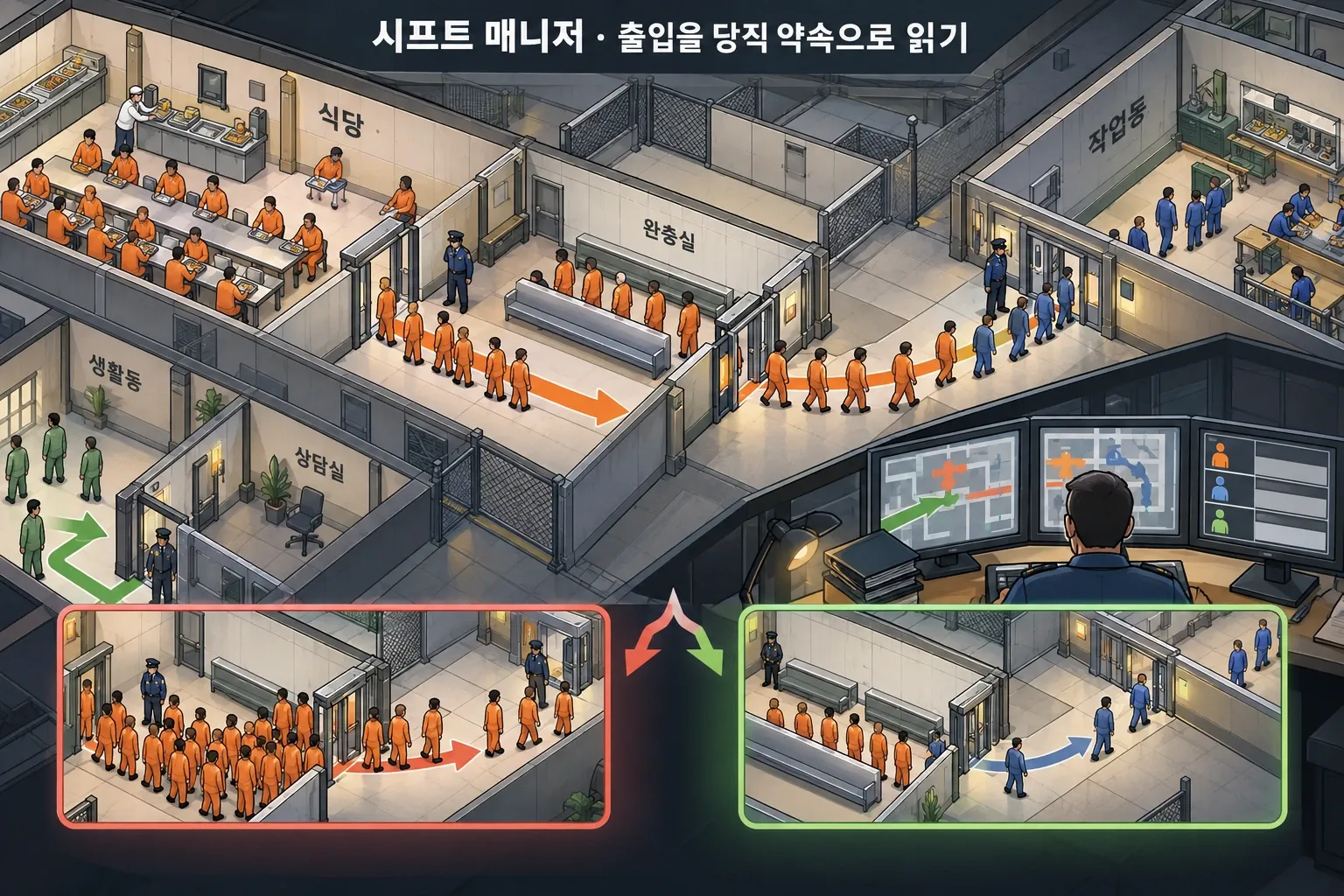 시프트 매니저 — 출입을 당직 약속으로 읽기: 본문 규칙에 따른 전용 기획 도해
