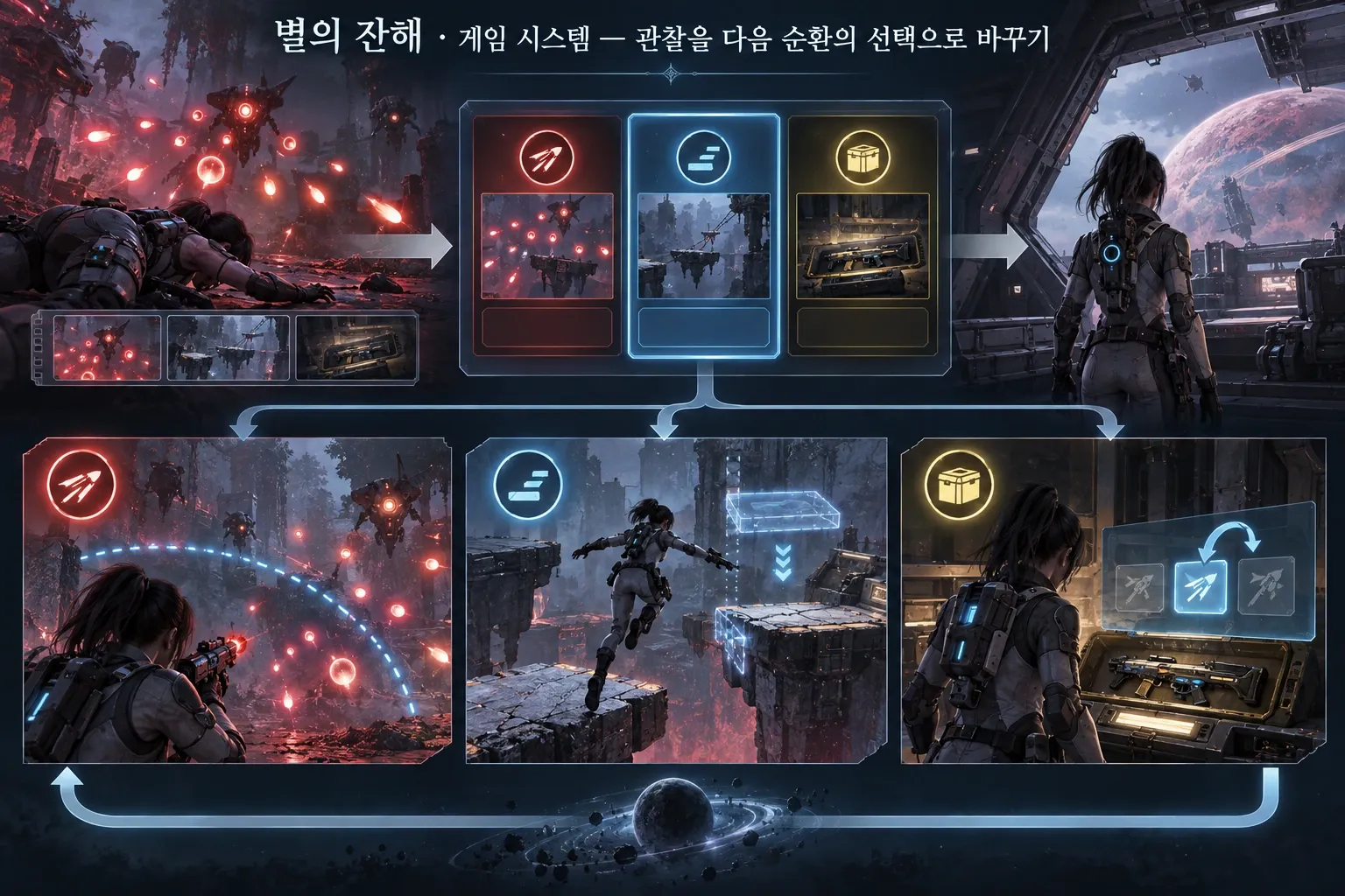 별의 잔해 — 게임 시스템 — 관찰을 다음 순환의 선택으로 바꾸기: 본문 규칙에 따른 전용 기획 도해
