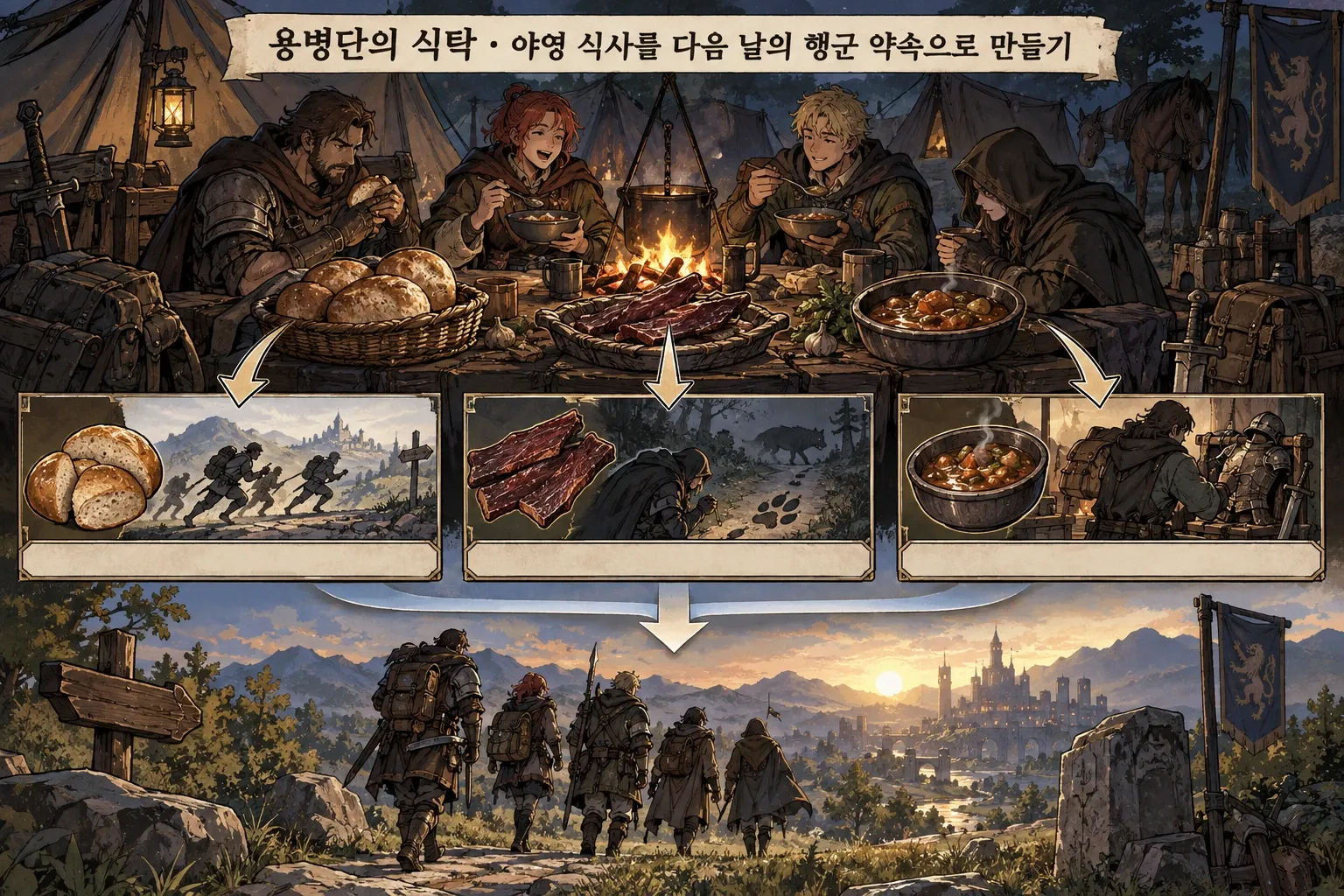 용병단의 식탁 — 야영 식사를 다음 날의 행군 약속으로 만들기: 본문 규칙에 따른 전용 기획 도해