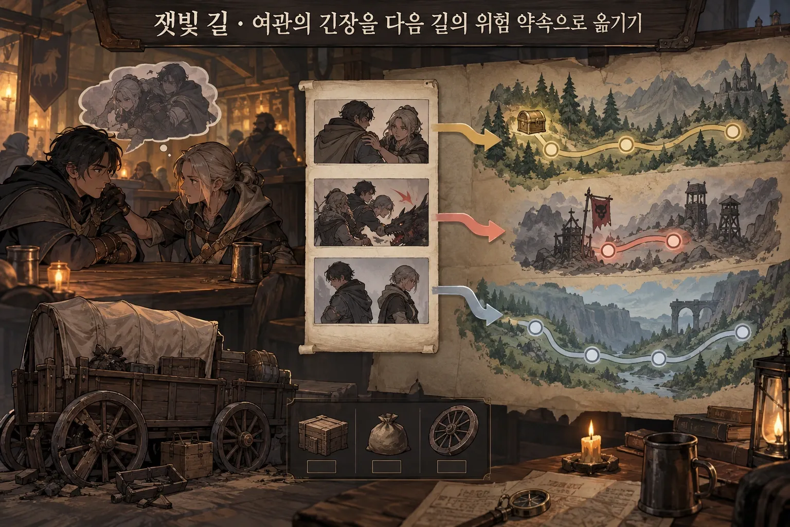 잿빛 길 — 여관의 긴장을 다음 길의 위험 약속으로 옮기기: 본문 규칙에 따른 전용 기획 도해