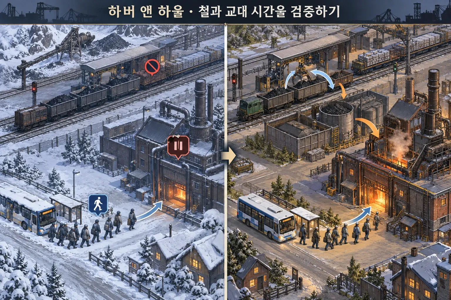하버 앤 하울 — 철과 교대 시간을 검증하기: 본문 규칙에 따른 전용 기획 도해