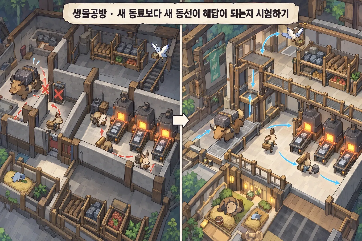 생물공방 — 새 동료보다 새 동선이 해답이 되는지 시험하기: 본문 규칙에 따른 전용 기획 도해