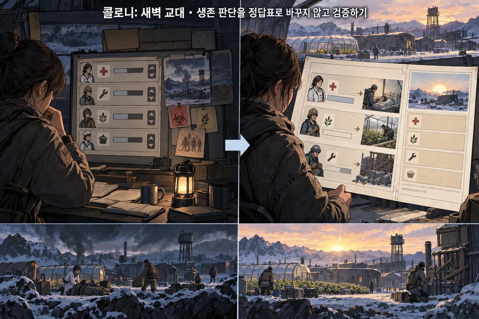 콜로니: 새벽 교대 — 생존 판단을 정답표로 바꾸지 않고 검증하기: 본문 규칙에 따른 전용 기획 도해