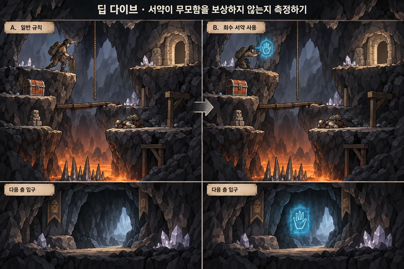 딥 다이브 — 서약이 무모함을 보상하지 않는지 측정하기: 본문 규칙에 따른 전용 기획 도해