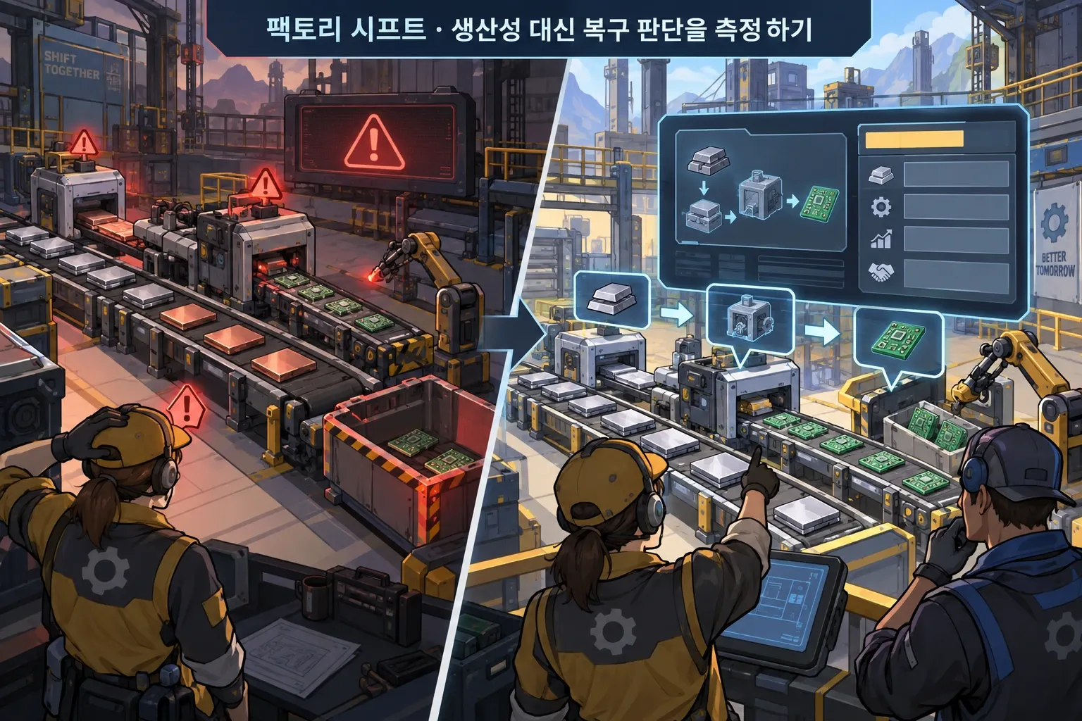 팩토리 시프트 — 생산성 대신 복구 판단을 측정하기: 본문 규칙에 따른 전용 기획 도해