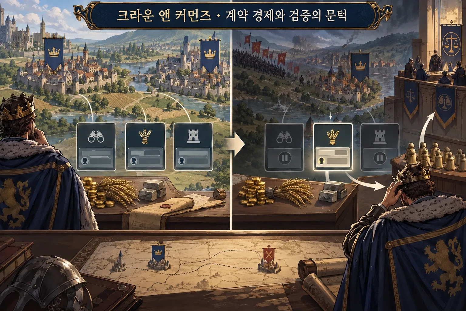 크라운 앤 커먼즈 — 계약 경제와 검증의 문턱: 본문 규칙에 따른 전용 기획 도해