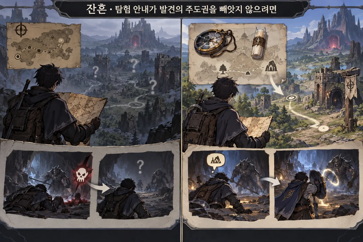 잔흔 — 탐험 안내가 발견의 주도권을 빼앗지 않으려면: 본문 규칙에 따른 전용 기획 도해