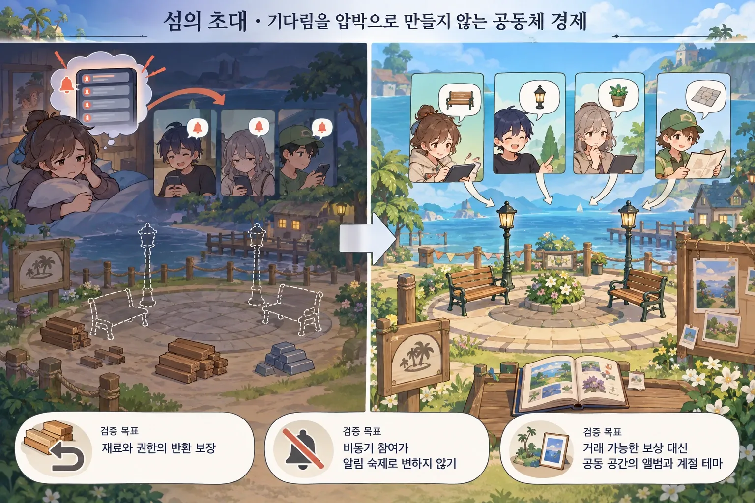 섬의 초대 — 기다림을 압박으로 만들지 않는 공동체 경제: 본문 규칙에 따른 전용 기획 도해