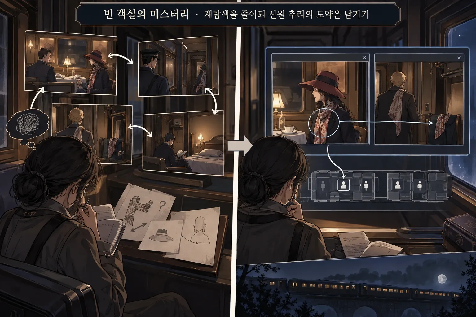 빈 객실의 미스터리 — 재탐색을 줄이되 신원 추리의 도약은 남기기: 본문 규칙에 따른 전용 기획 도해