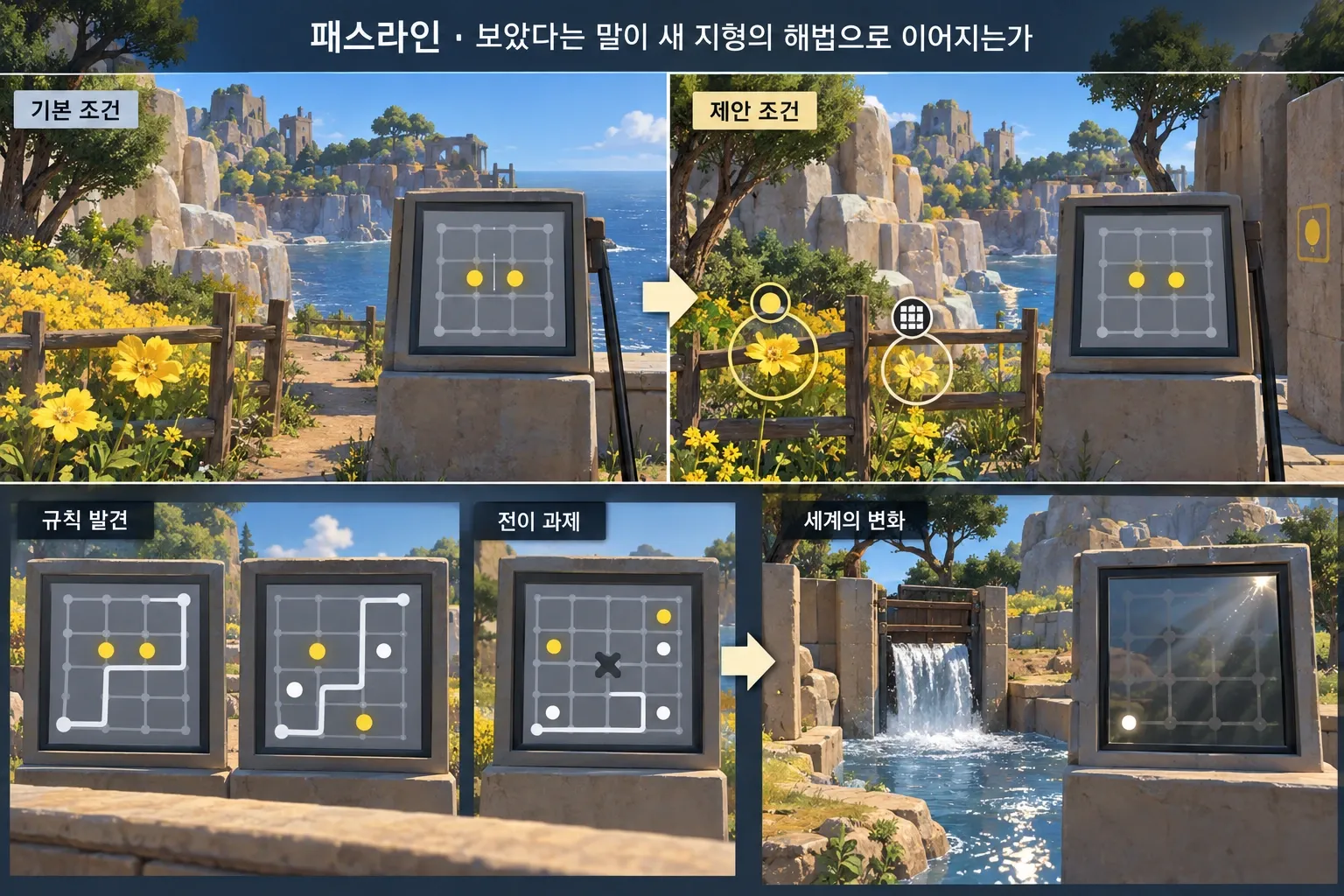 패스라인 — 보았다는 말이 새 지형의 해법으로 이어지는가: 본문 규칙에 따른 전용 기획 도해