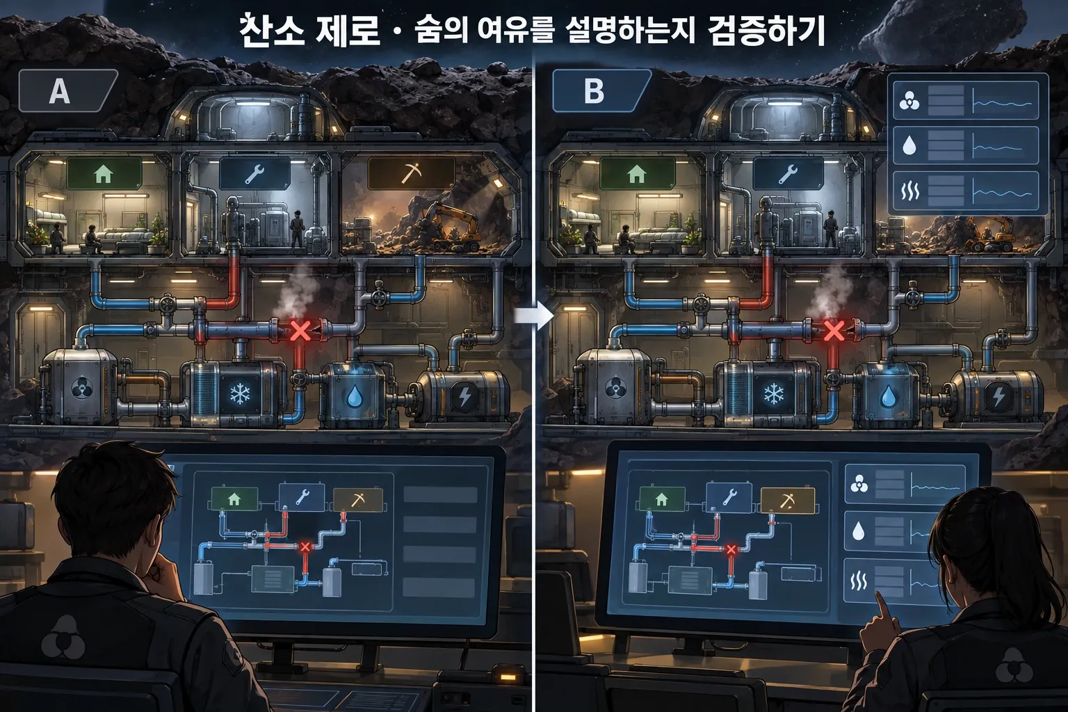 산소 제로 — 숨의 여유를 설명하는지 검증하기: 본문 규칙에 따른 전용 기획 도해