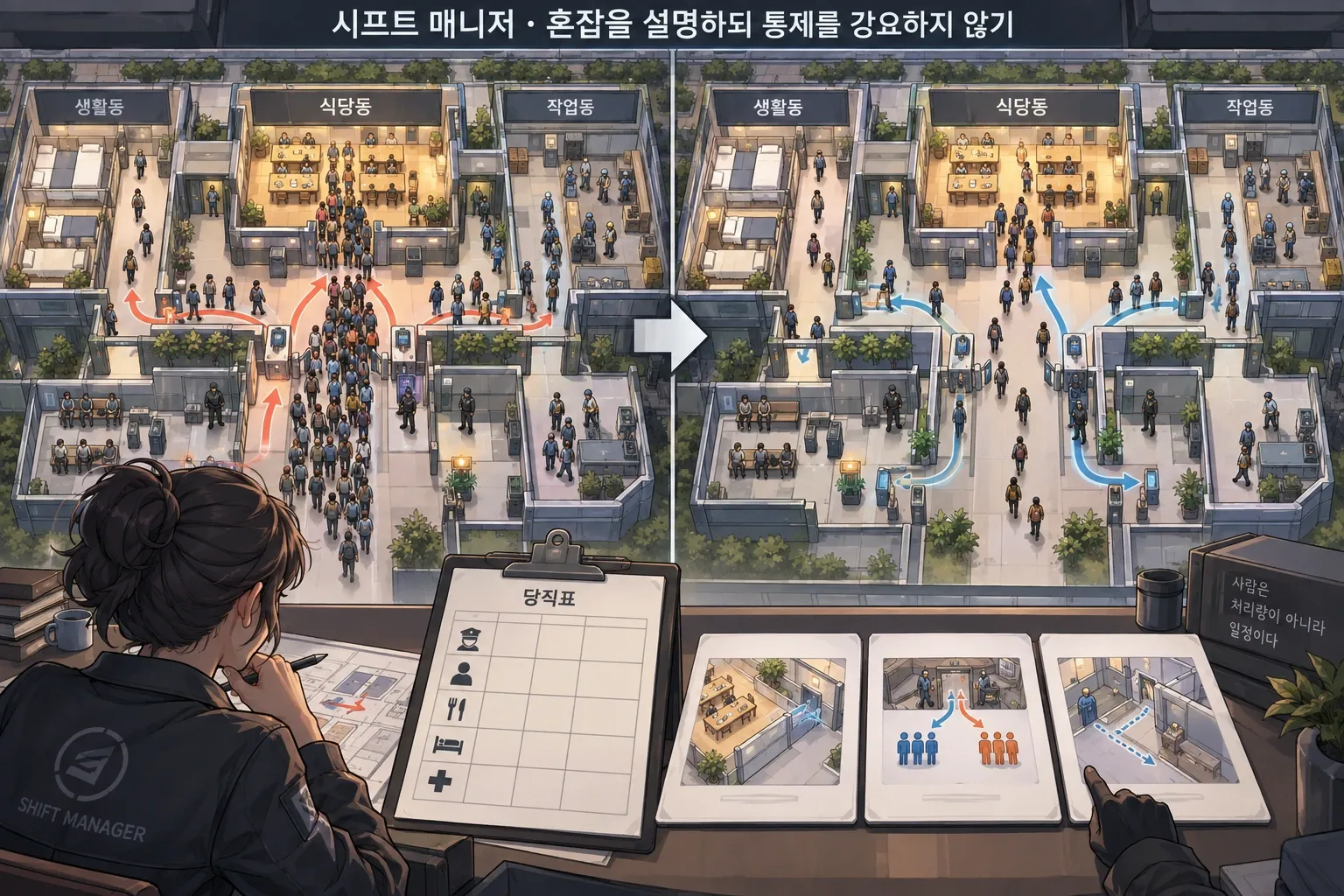 시프트 매니저 — 혼잡을 설명하되 통제를 강요하지 않기: 본문 규칙에 따른 전용 기획 도해