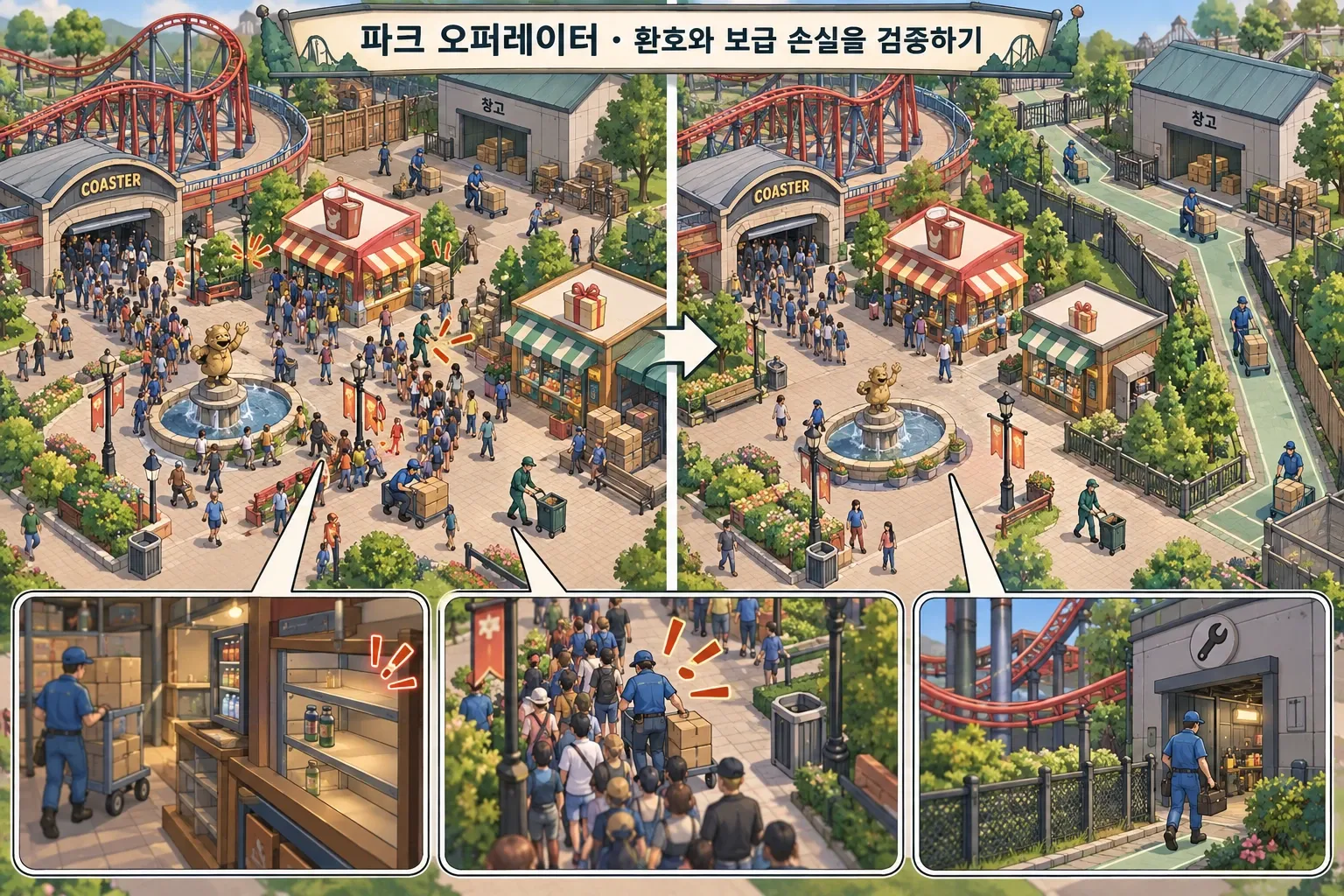 파크 오퍼레이터 — 환호와 보급 손실을 검증하기: 본문 규칙에 따른 전용 기획 도해