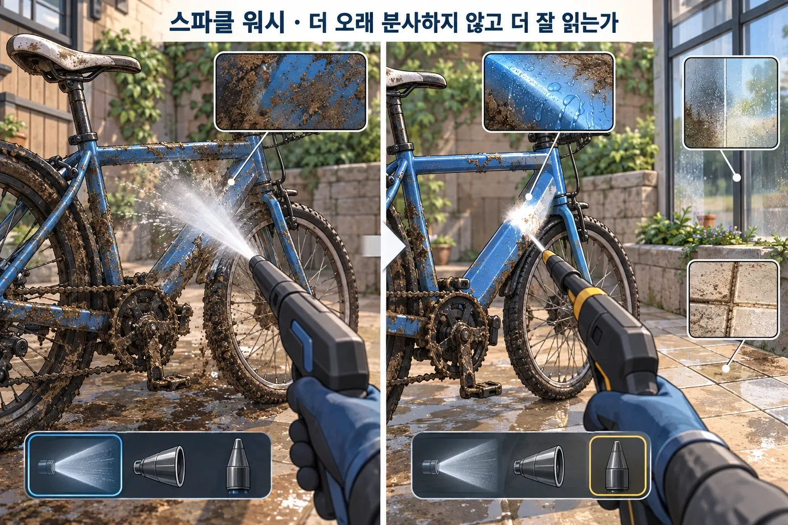 스파클 워시 — 더 오래 분사하지 않고 더 잘 읽는가: 본문 규칙에 따른 전용 기획 도해