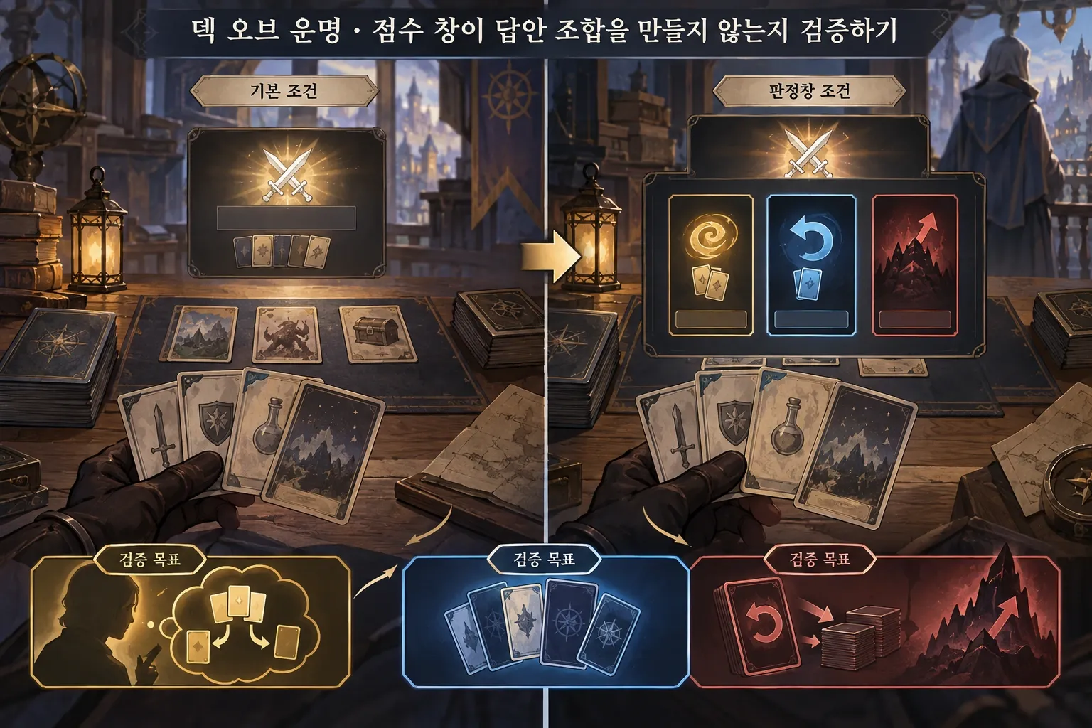 덱 오브 운명 — 점수 창이 답안 조합을 만들지 않는지 검증하기: 본문 규칙에 따른 전용 기획 도해