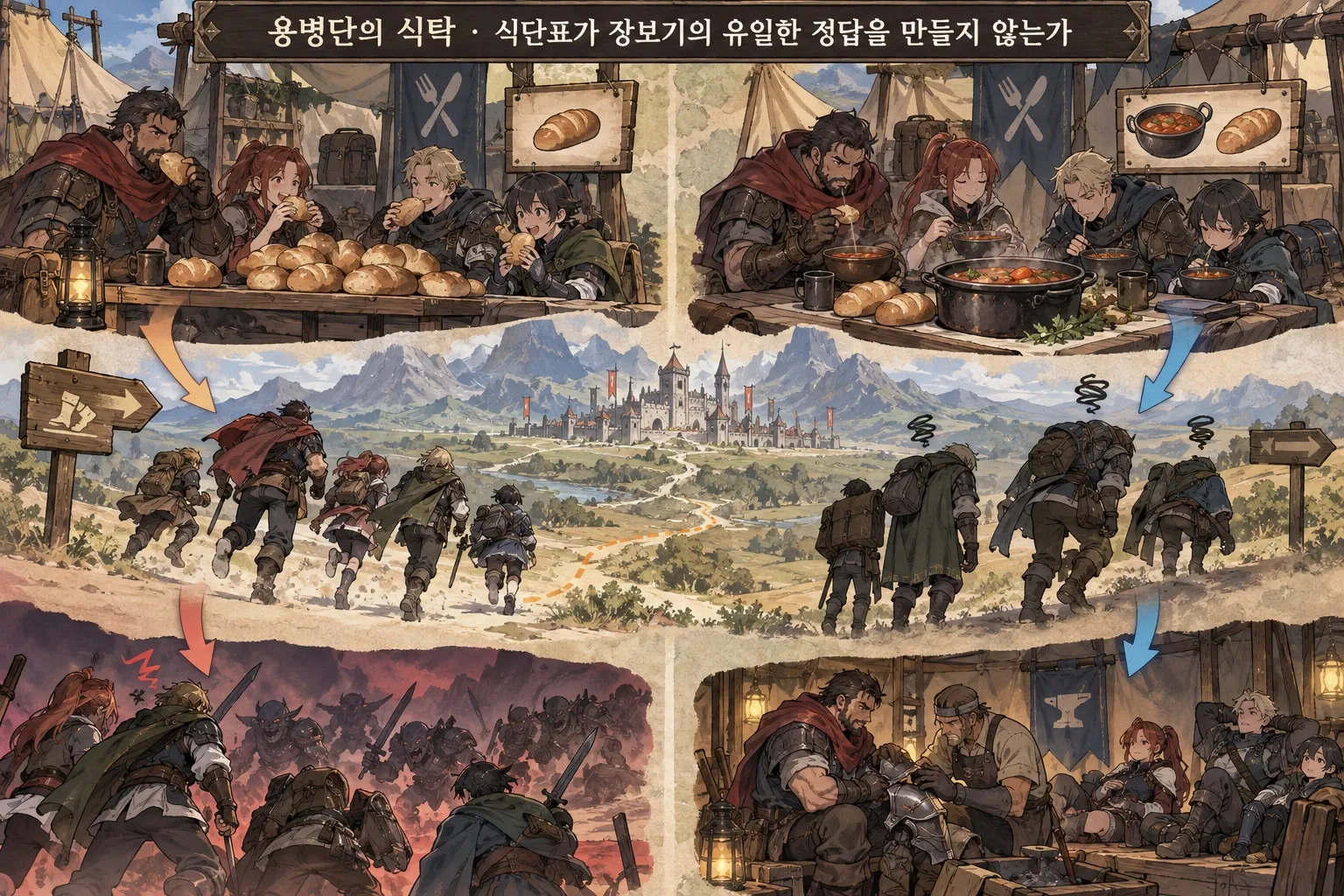 용병단의 식탁 — 식단표가 장보기의 유일한 정답을 만들지 않는가: 본문 규칙에 따른 전용 기획 도해