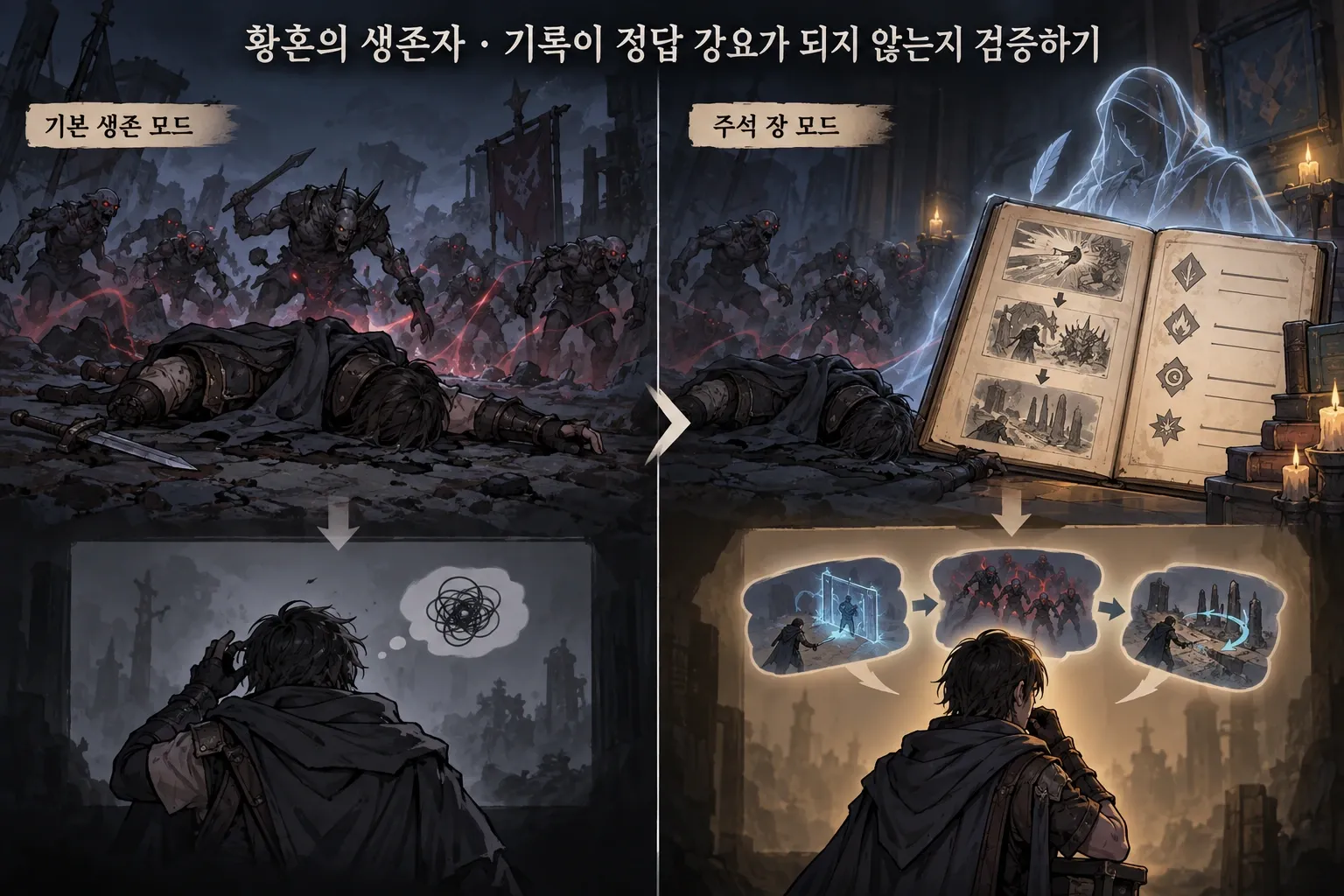 황혼의 생존자 — 기록이 정답 강요가 되지 않는지 검증하기: 본문 규칙에 따른 전용 기획 도해