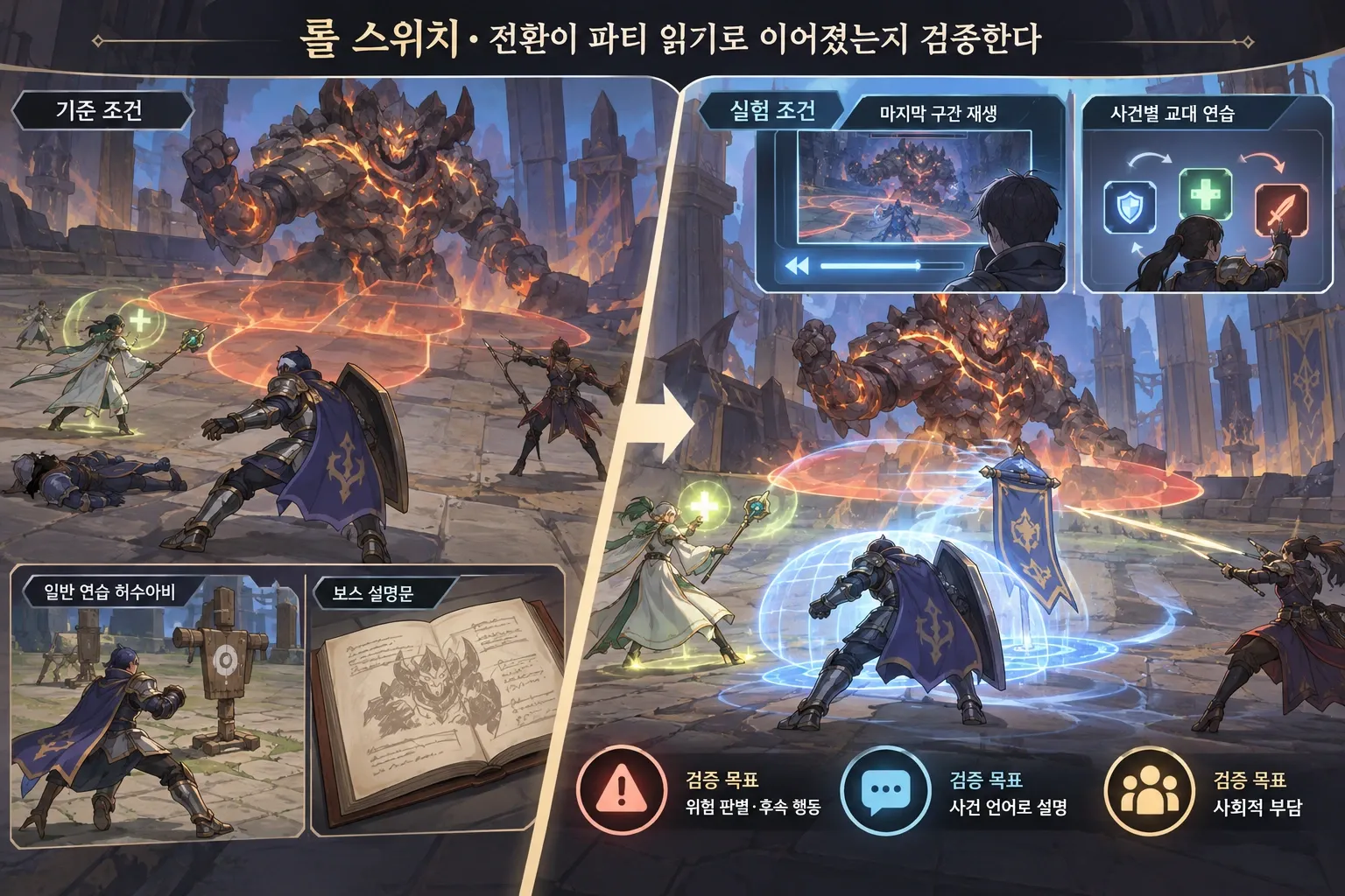 롤 스위치 — 전환이 파티 읽기로 이어졌는지 검증한다: 본문 규칙에 따른 전용 기획 도해