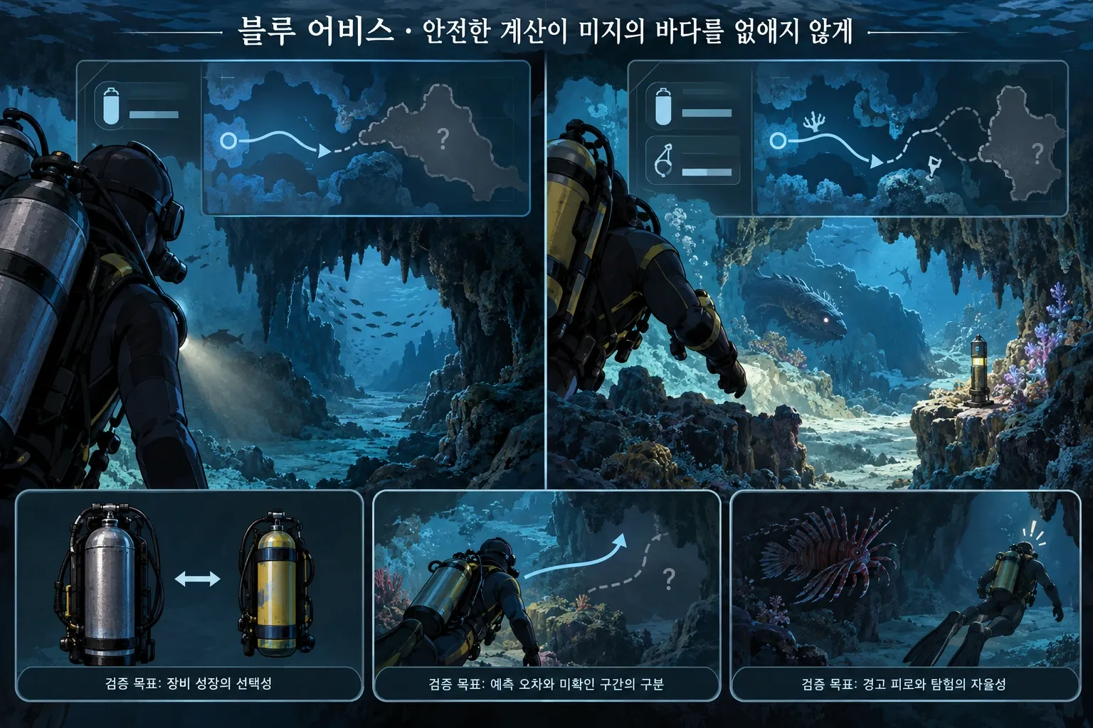 블루 어비스 — 안전한 계산이 미지의 바다를 없애지 않게: 본문 규칙에 따른 전용 기획 도해
