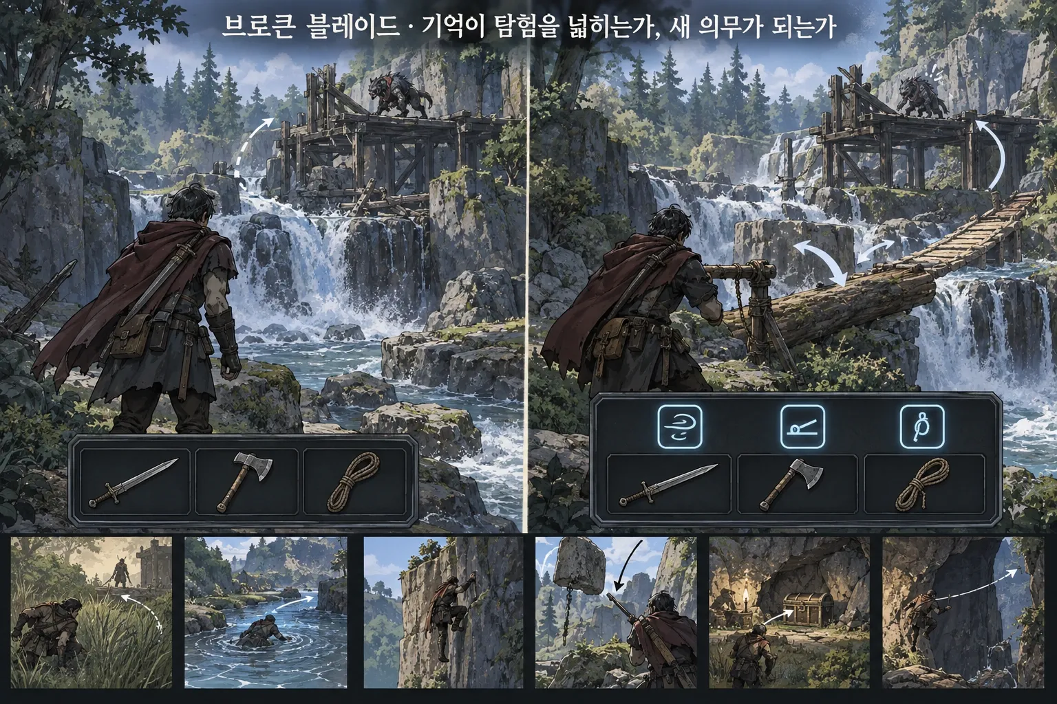 브로큰 블레이드 — 기억이 탐험을 넓히는가, 새 의무가 되는가: 본문 규칙에 따른 전용 기획 도해