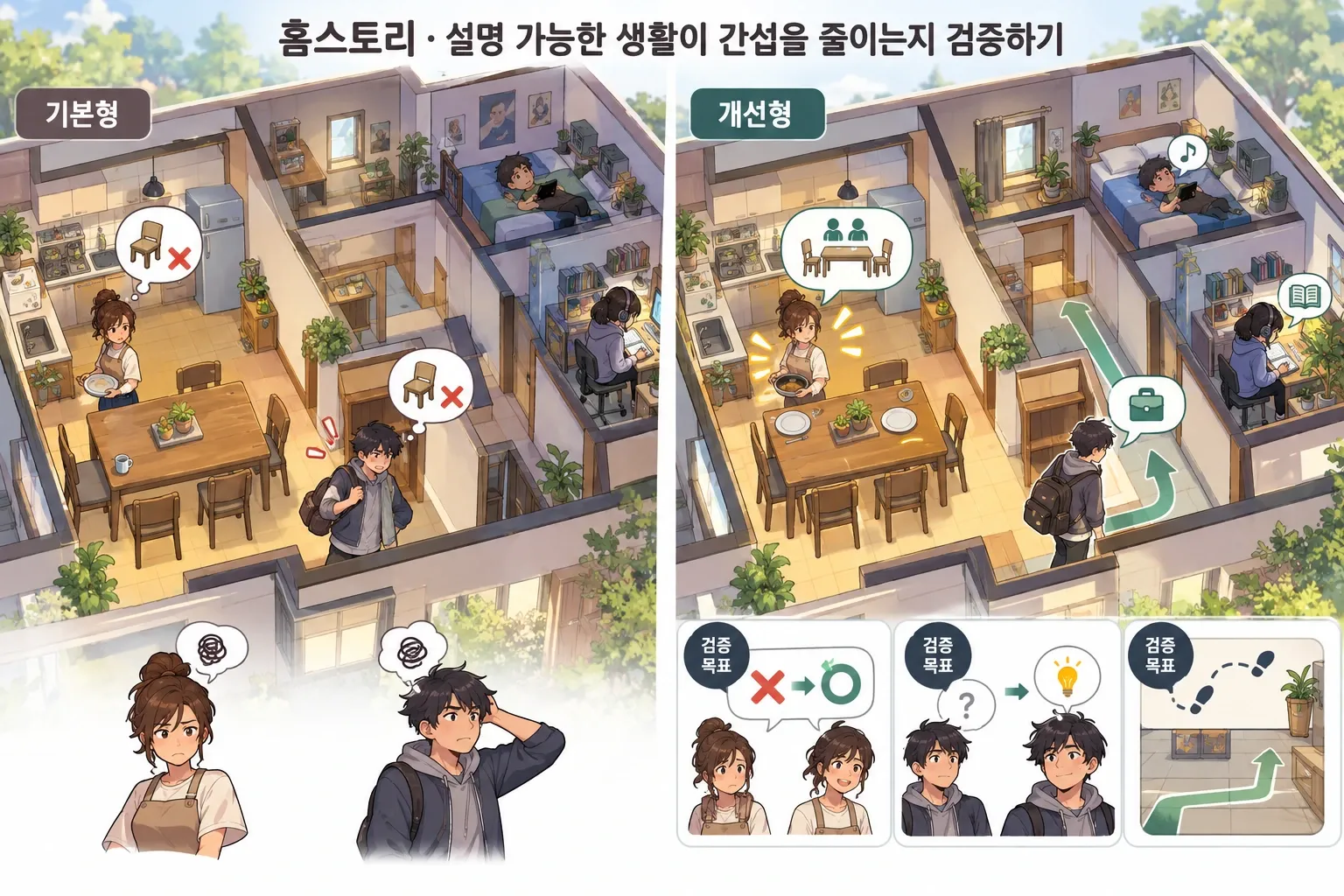 홈스토리 — 설명 가능한 생활이 간섭을 줄이는지 검증하기: 본문 규칙에 따른 전용 기획 도해