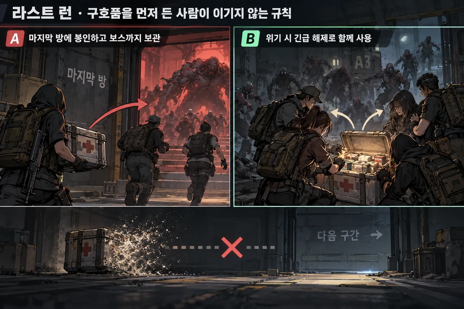 라스트 런 — 구호품을 먼저 든 사람이 이기지 않는 규칙: 본문 규칙에 따른 전용 기획 도해